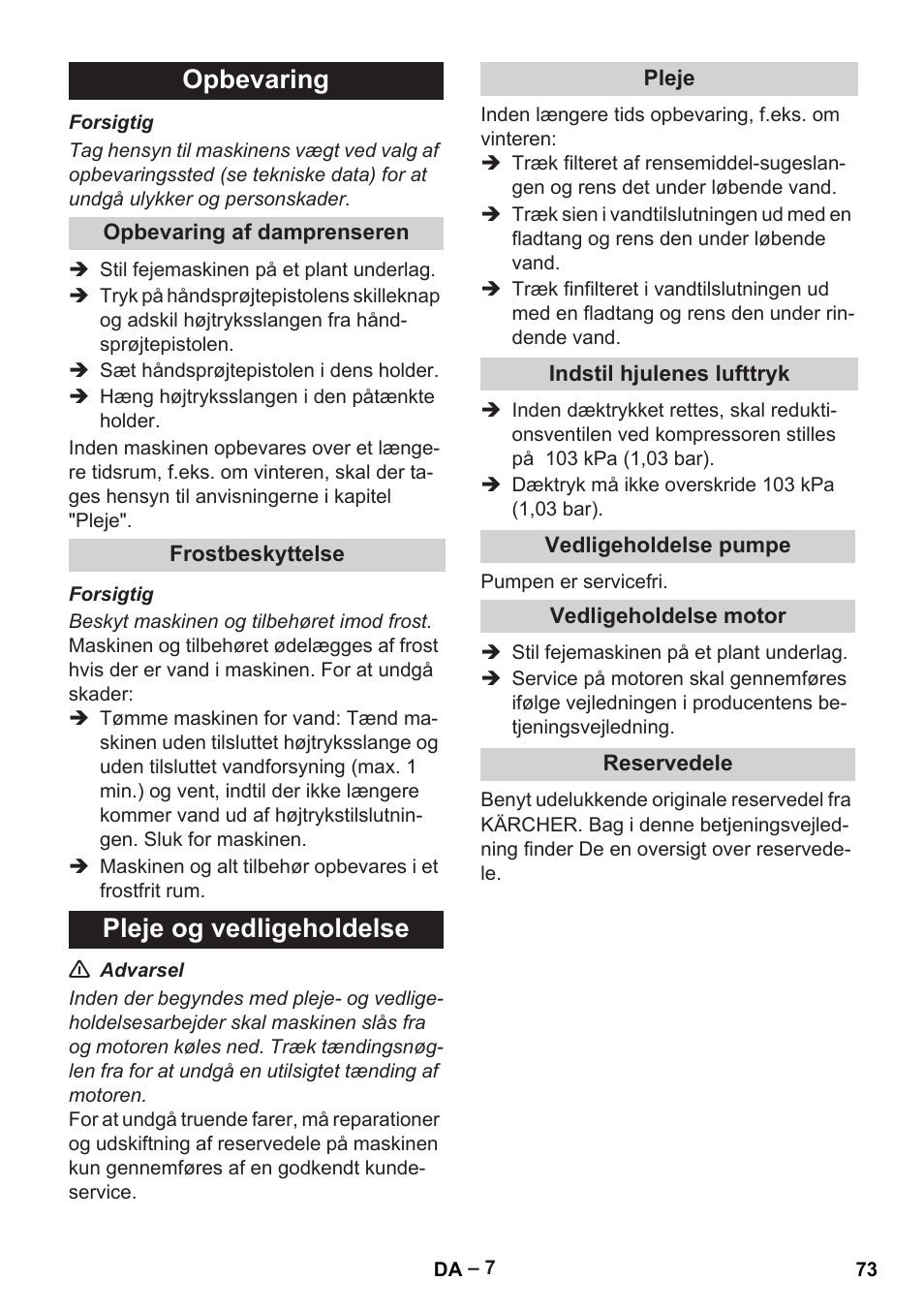 Opbevaring, Pleje og vedligeholdelse | Karcher G 7-10 M User Manual | Page 73 / 248