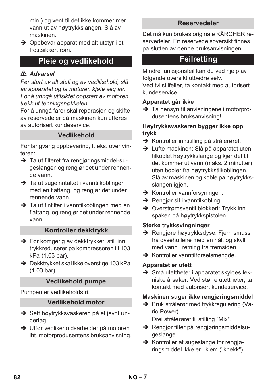 Pleie og vedlikehold, Feilretting | Karcher G 7-10 M User Manual | Page 82 / 248