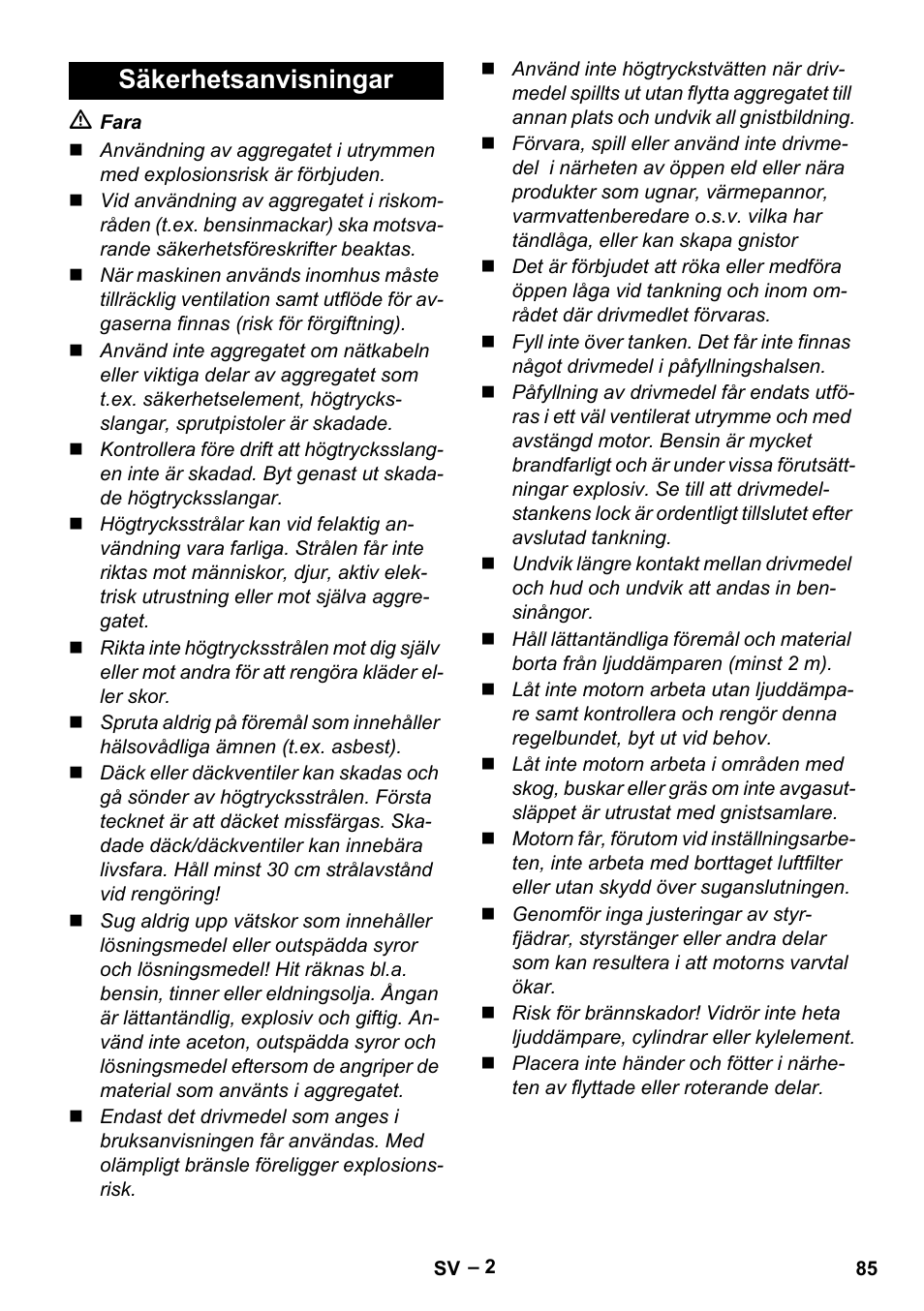 Säkerhetsanvisningar | Karcher G 7-10 M User Manual | Page 85 / 248