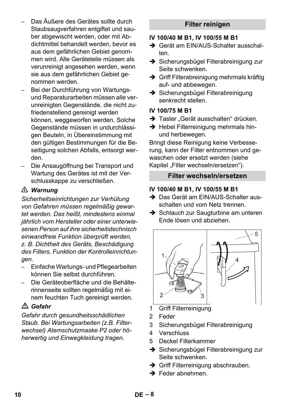 Filter reinigen, Iv 100/40 m b1, iv 100/55 m b1, Iv 100/75 m b1 | Filter wechseln/ersetzen | Karcher IV 100 - 40 M B1 User Manual | Page 10 / 352
