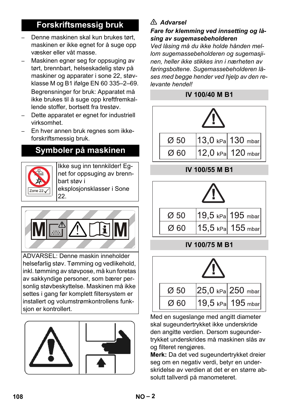Forskriftsmessig bruk, Symboler på maskinen, Iv 100/40 m b1 | Iv 100/55 m b1, Iv 100/75 m b1 | Karcher IV 100 - 40 M B1 User Manual | Page 108 / 352
