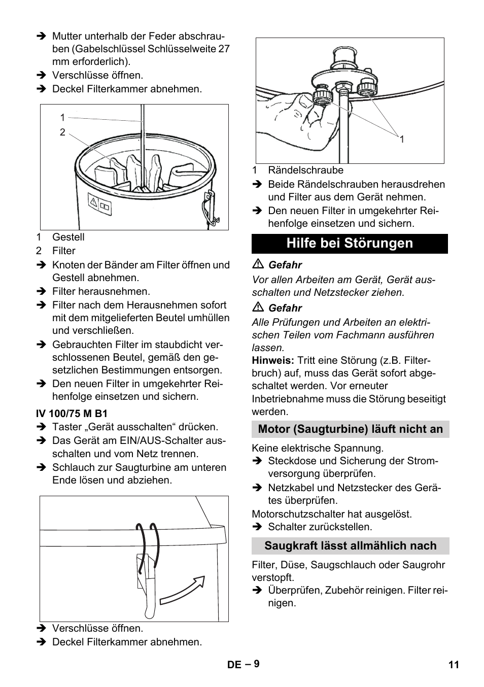 Iv 100/75 m b1, Hilfe bei störungen, Motor (saugturbine) läuft nicht an | Saugkraft lässt allmählich nach | Karcher IV 100 - 40 M B1 User Manual | Page 11 / 352