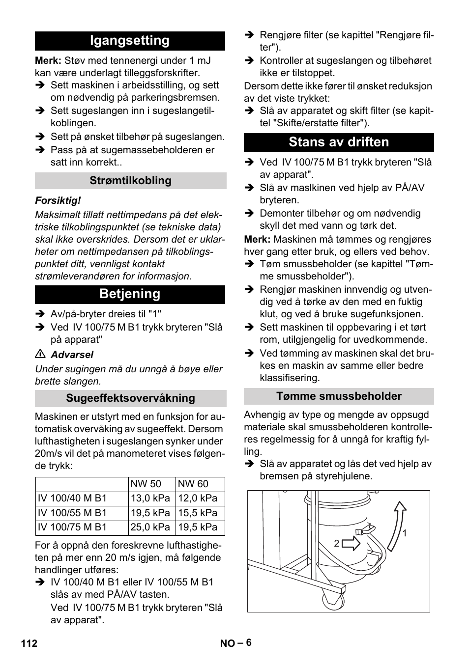 Igangsetting, Strømtilkobling, Betjening | Sugeeffektsovervåkning, Stans av driften, Tømme smussbeholder | Karcher IV 100 - 40 M B1 User Manual | Page 112 / 352