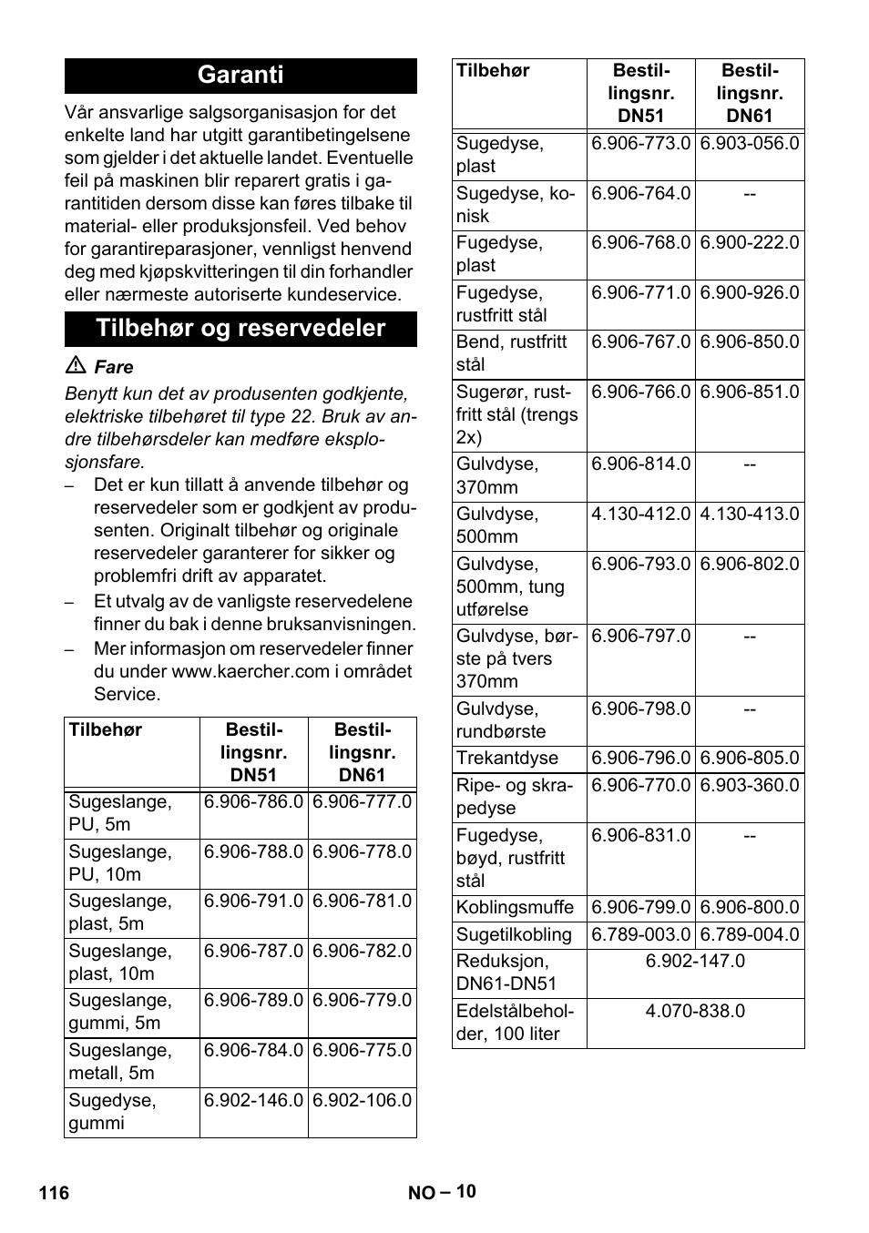 Garanti, Tilbehør og reservedeler, Garanti tilbehør og reservedeler | Karcher IV 100 - 40 M B1 User Manual | Page 116 / 352