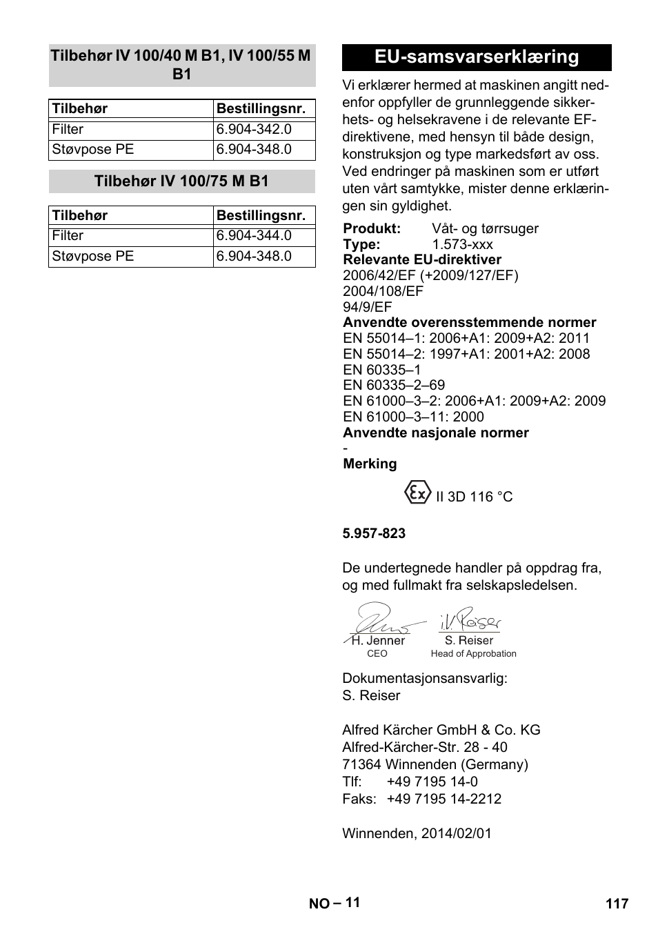 Tilbehør iv 100/40 m b1, iv 100/55 m b1, Tilbehør iv 100/75 m b1, Eu-samsvarserklæring | Karcher IV 100 - 40 M B1 User Manual | Page 117 / 352