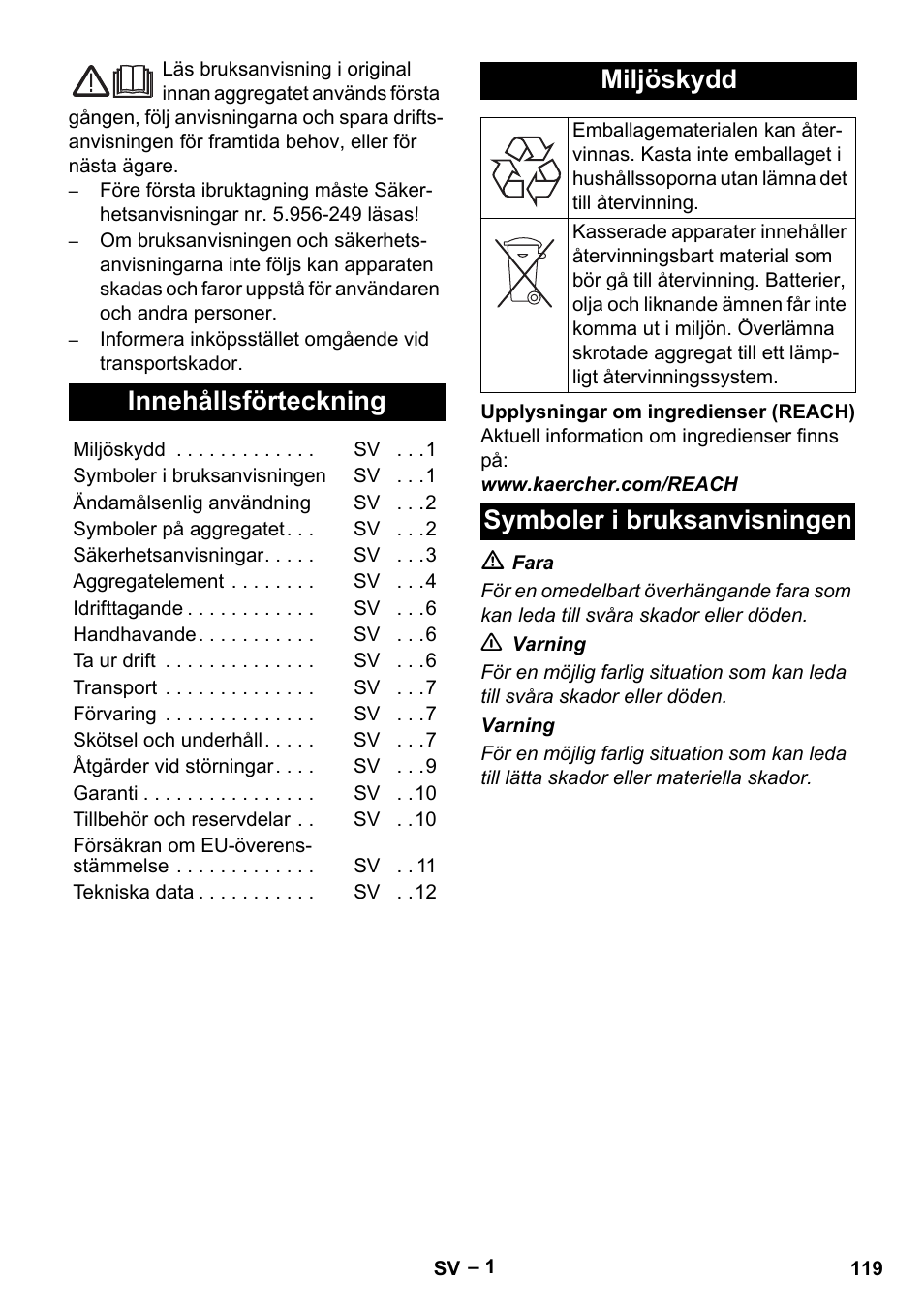 Svenska, Innehållsförteckning, Miljöskydd | Symboler i bruksanvisningen | Karcher IV 100 - 40 M B1 User Manual | Page 119 / 352
