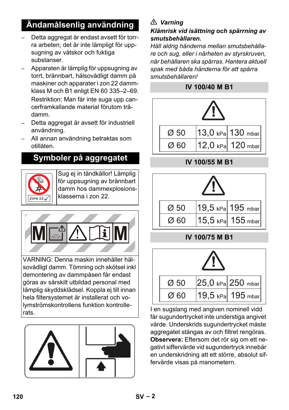 Ändamålsenlig användning, Symboler på aggregatet, Iv 100/40 m b1 | Iv 100/55 m b1, Iv 100/75 m b1 | Karcher IV 100 - 40 M B1 User Manual | Page 120 / 352