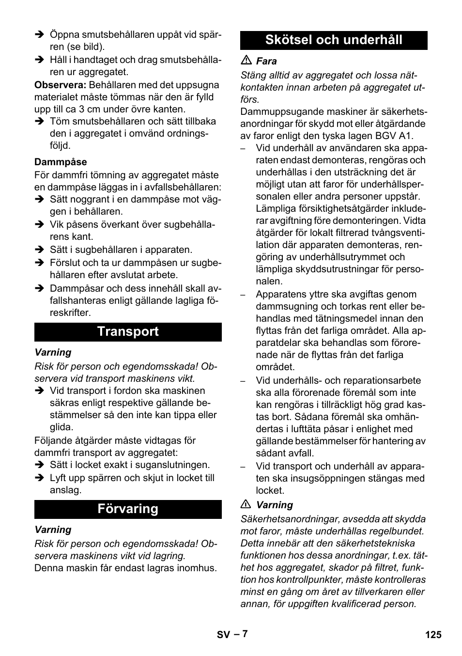 Dammpåse, Transport, Förvaring | Skötsel och underhåll, Transport förvaring skötsel och underhåll | Karcher IV 100 - 40 M B1 User Manual | Page 125 / 352