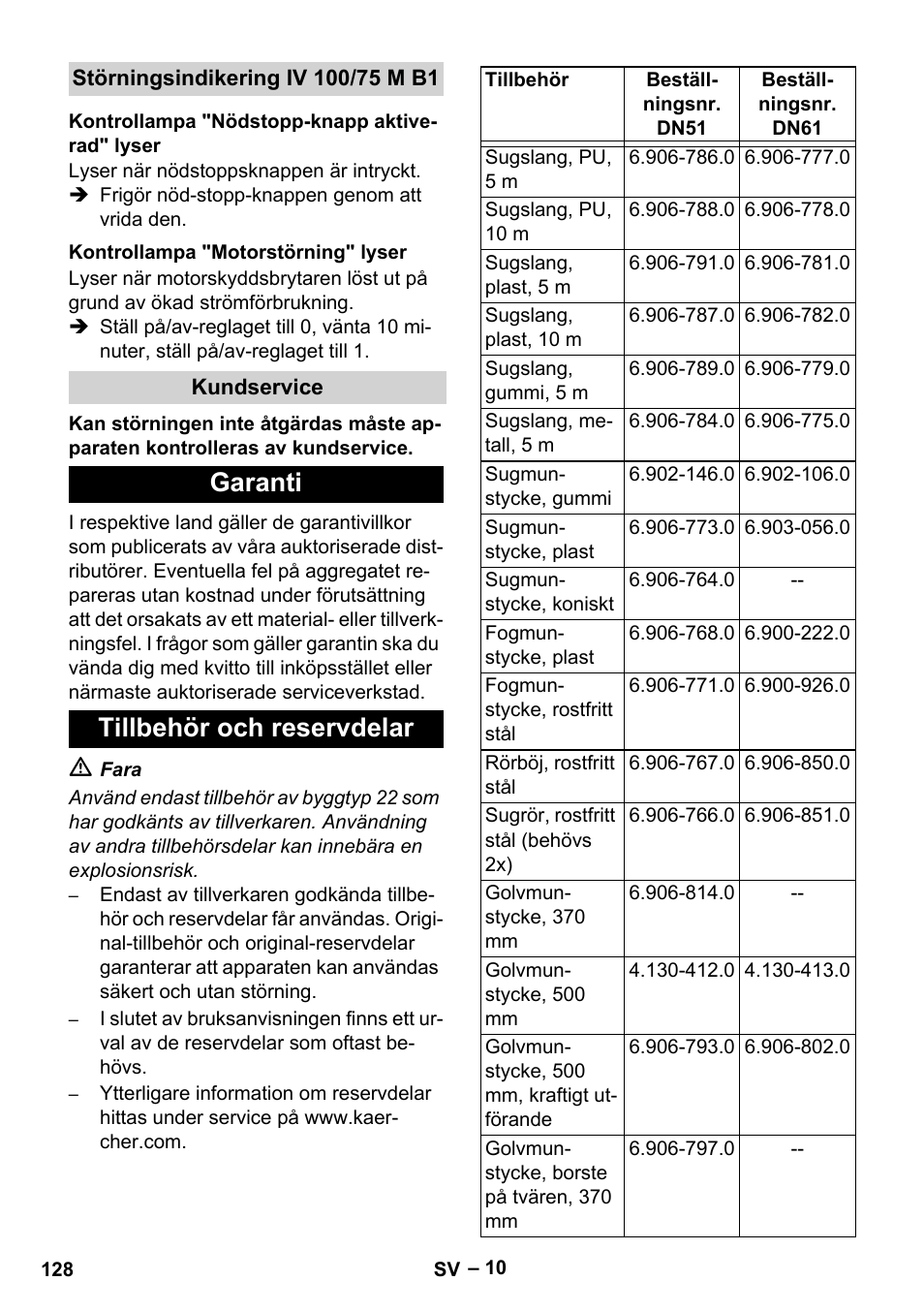 Störningsindikering iv 100/75 m b1, Kontrollampa "nödstopp-knapp aktiverad" lyser, Kontrollampa "motorstörning" lyser | Kundservice, Garanti, Tillbehör och reservdelar, Garanti tillbehör och reservdelar | Karcher IV 100 - 40 M B1 User Manual | Page 128 / 352
