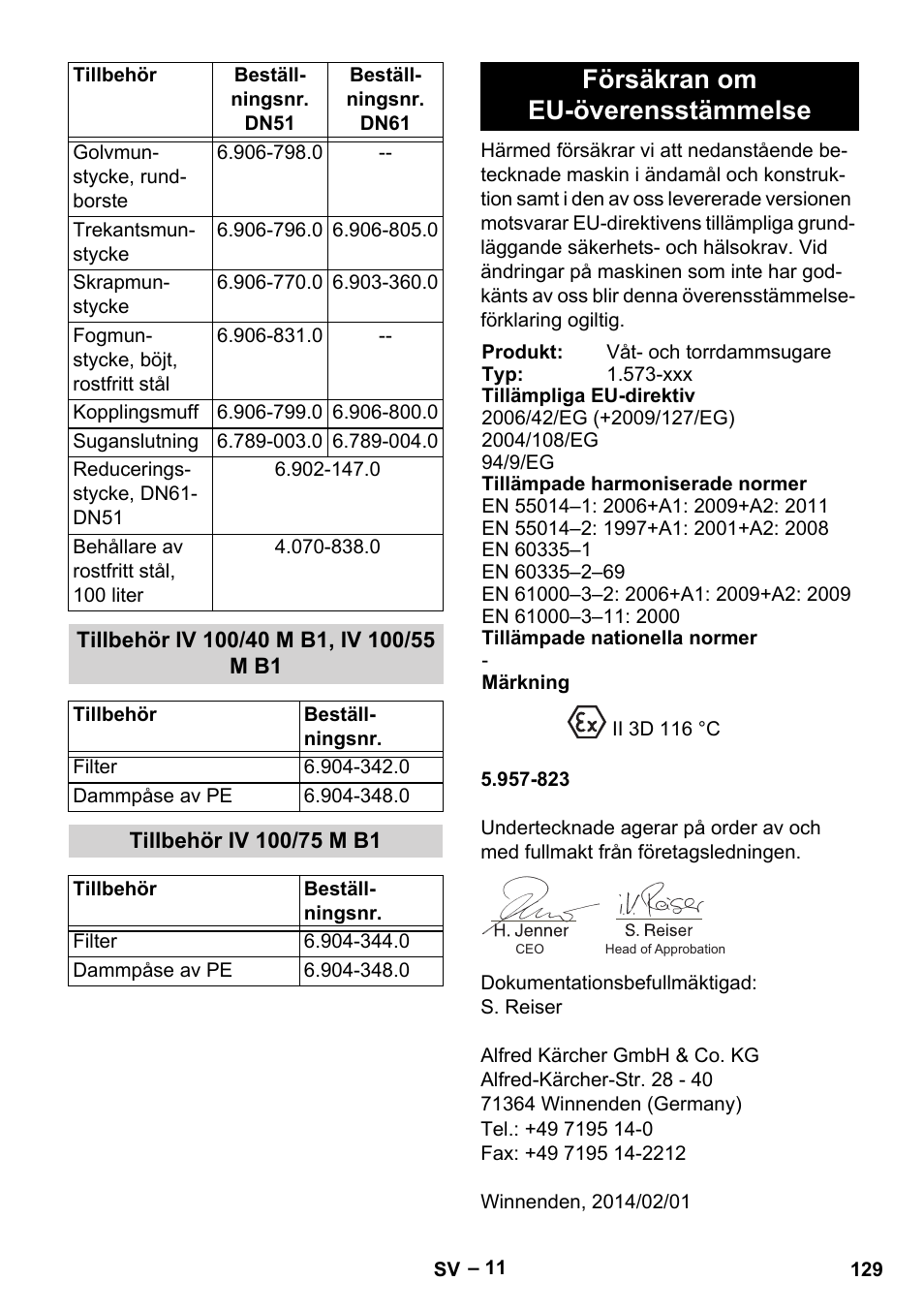 Tillbehör iv 100/40 m b1, iv 100/55 m b1, Tillbehör iv 100/75 m b1, Försäkran om eu-överensstämmelse | Karcher IV 100 - 40 M B1 User Manual | Page 129 / 352