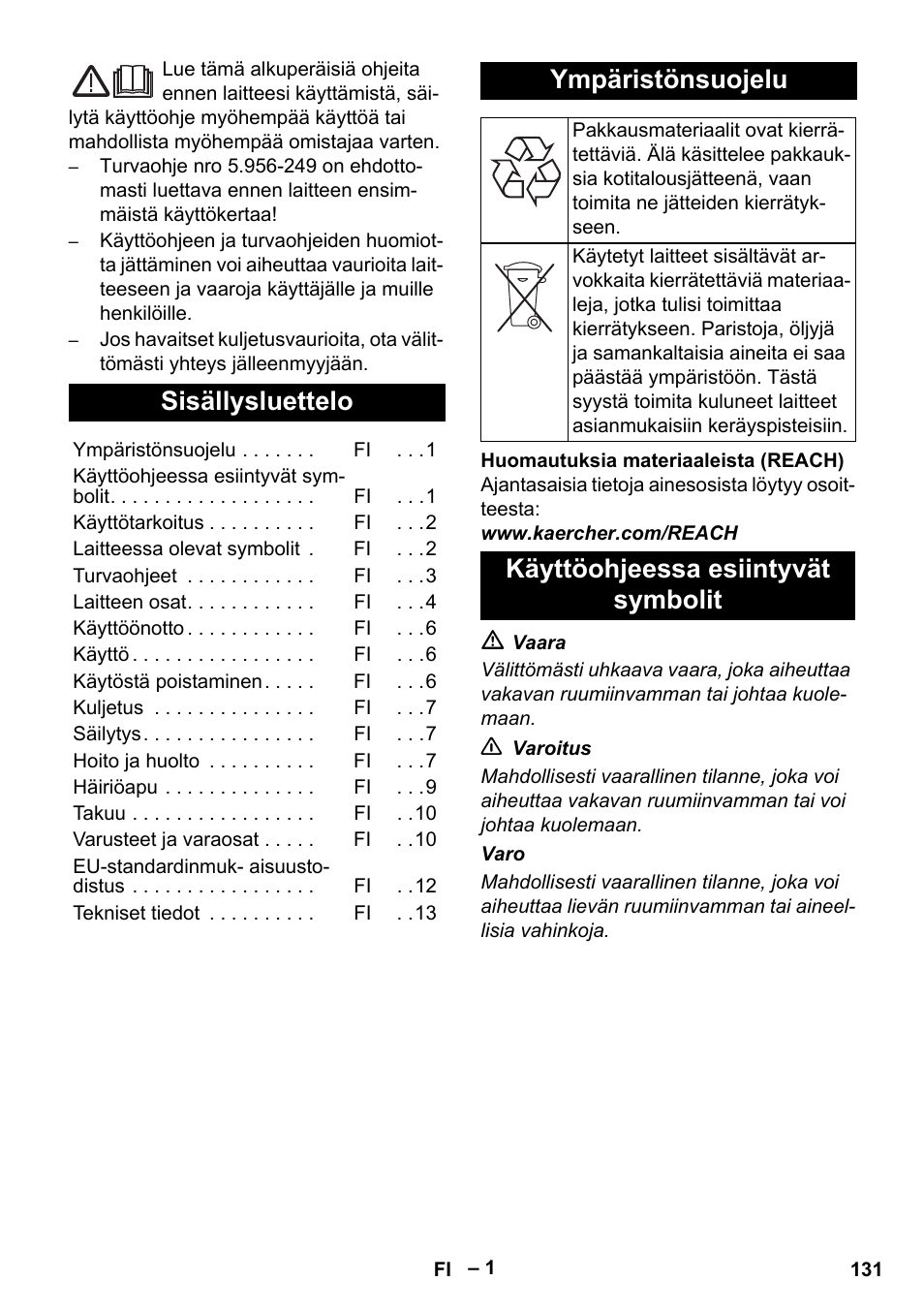Suomi, Sisällysluettelo, Ympäristönsuojelu | Käyttöohjeessa esiintyvät symbolit | Karcher IV 100 - 40 M B1 User Manual | Page 131 / 352
