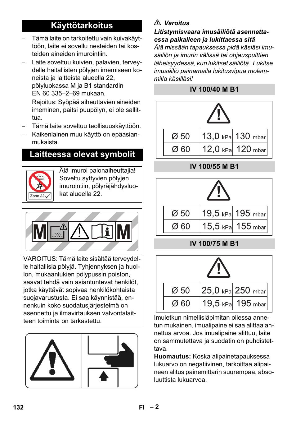 Käyttötarkoitus, Laitteessa olevat symbolit, Iv 100/40 m b1 | Iv 100/55 m b1, Iv 100/75 m b1 | Karcher IV 100 - 40 M B1 User Manual | Page 132 / 352