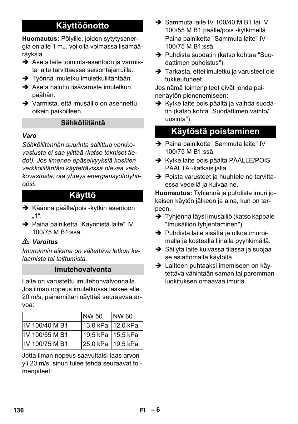 Käyttöönotto, Sähköliitäntä, Käyttö | Imutehovalvonta, Käytöstä poistaminen | Karcher IV 100 - 40 M B1 User Manual | Page 136 / 352