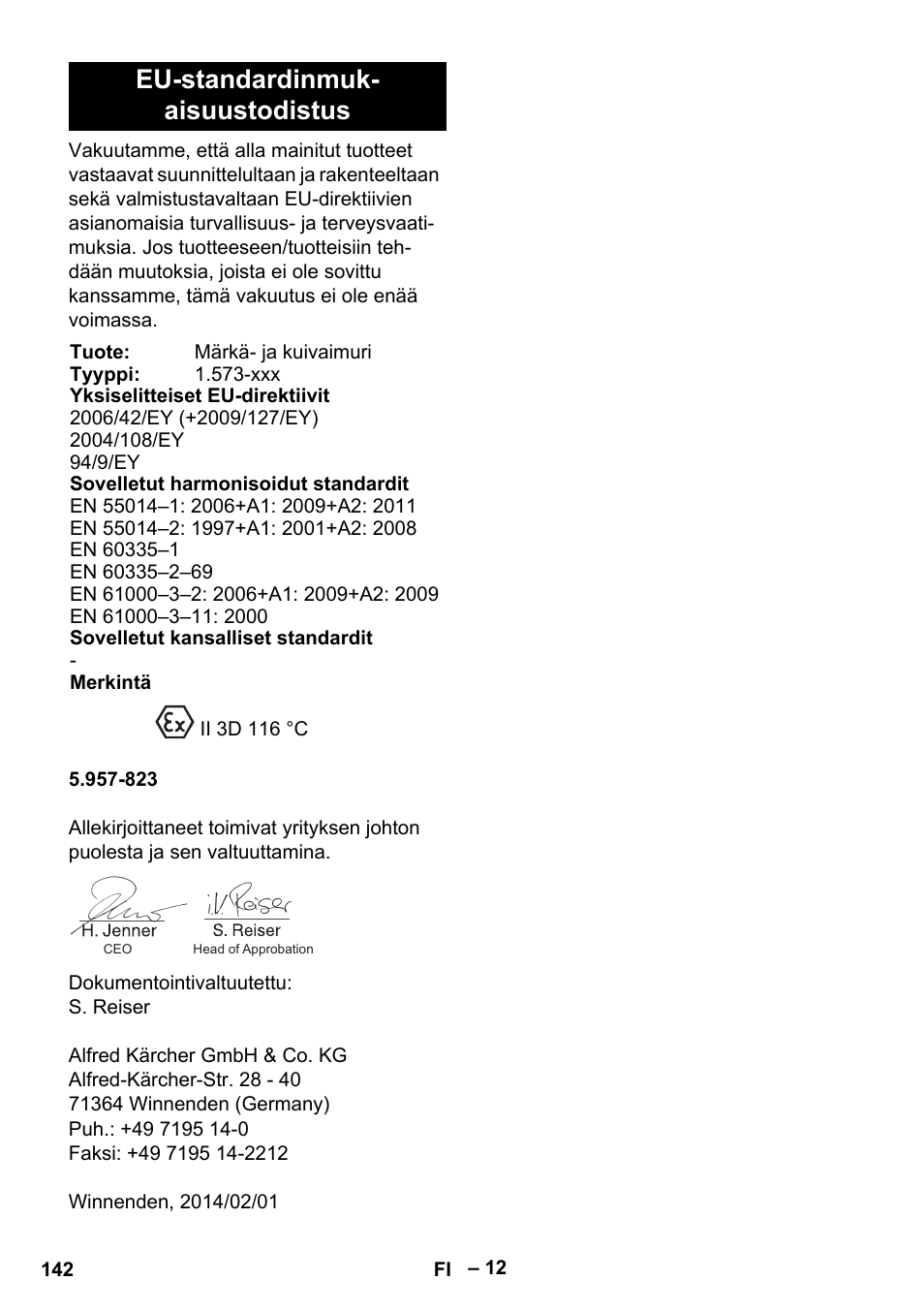 Eu-standardinmuk- aisuustodistus | Karcher IV 100 - 40 M B1 User Manual | Page 142 / 352