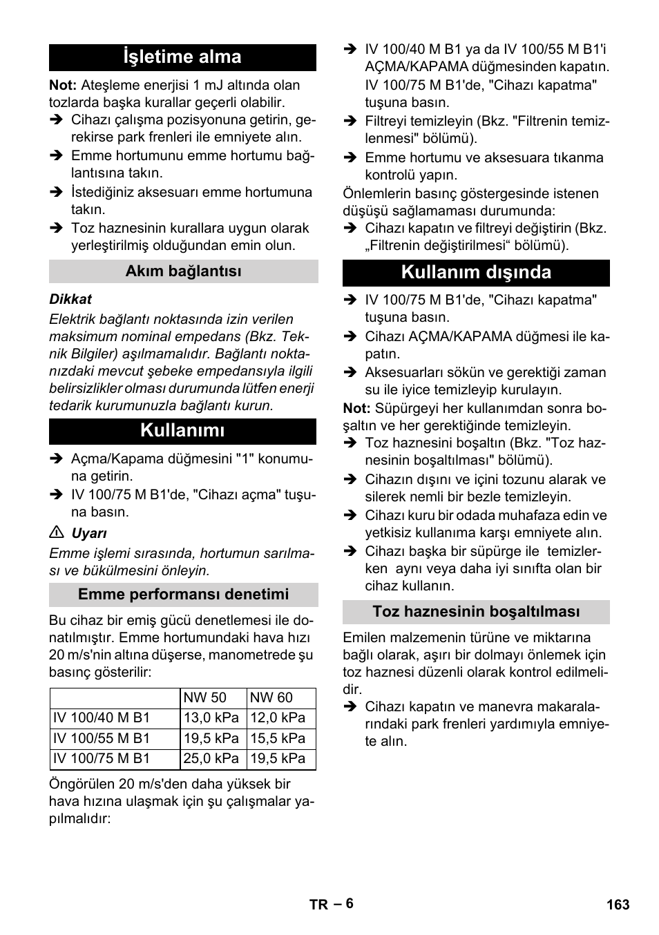 Işletime alma, Akım bağlantısı, Kullanımı | Emme performansı denetimi, Kullanım dışında, Toz haznesinin boşaltılması | Karcher IV 100 - 40 M B1 User Manual | Page 163 / 352