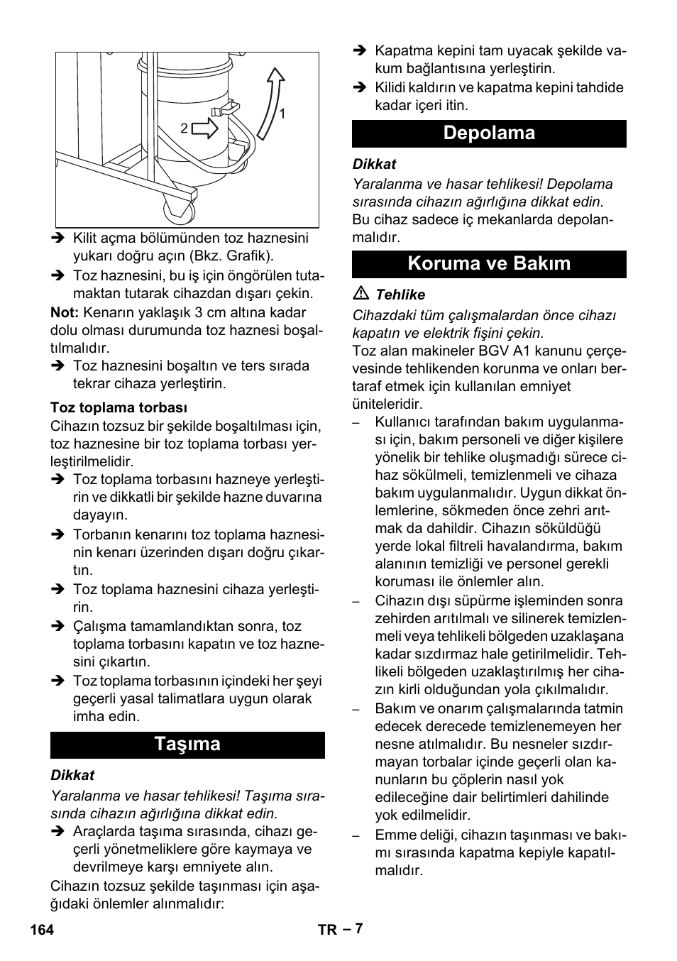 Toz toplama torbası, Taşıma, Depolama | Koruma ve bakım, Taşıma depolama koruma ve bakım | Karcher IV 100 - 40 M B1 User Manual | Page 164 / 352