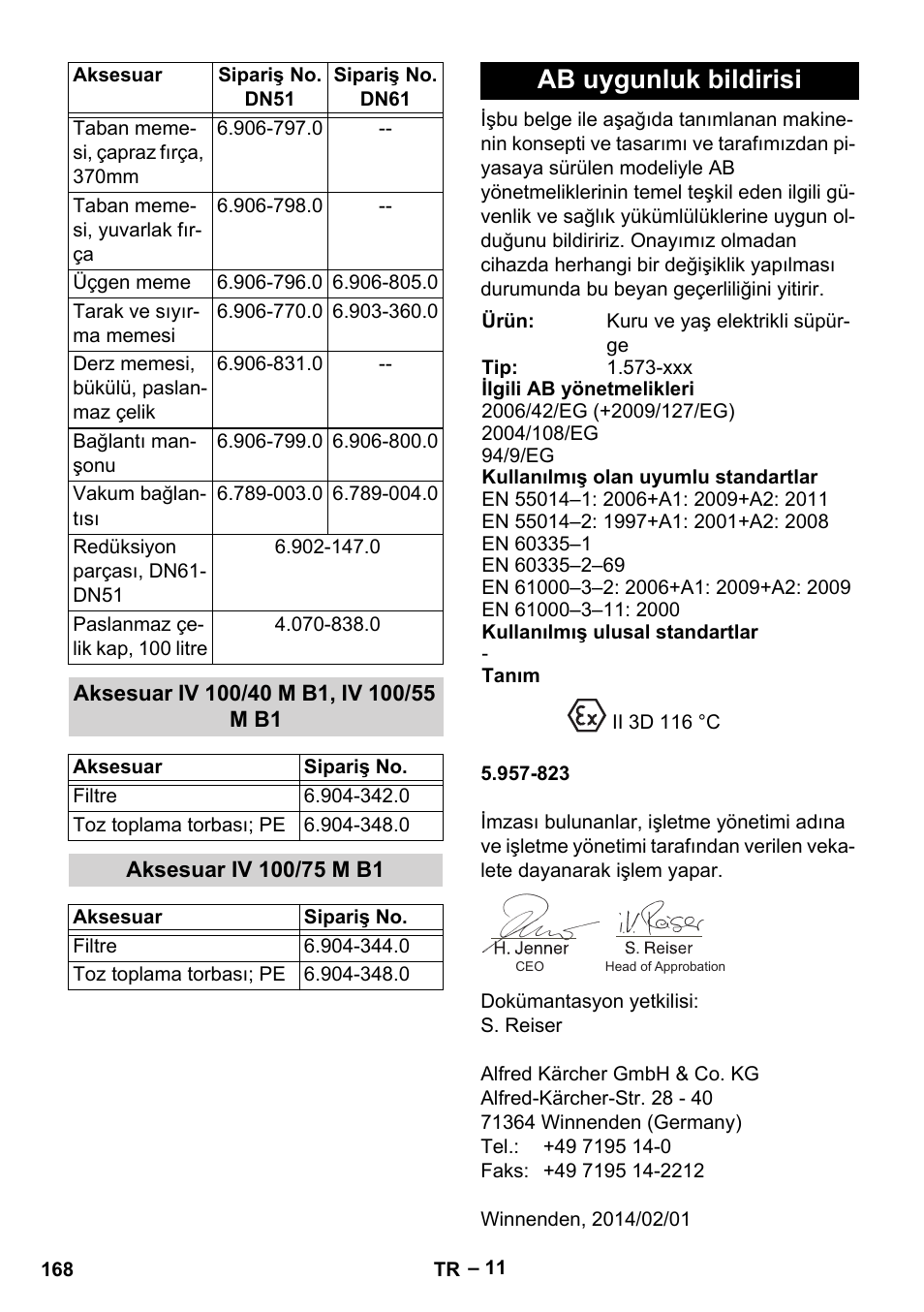 Aksesuar iv 100/40 m b1, iv 100/55 m b1, Aksesuar iv 100/75 m b1, Ab uygunluk bildirisi | Karcher IV 100 - 40 M B1 User Manual | Page 168 / 352