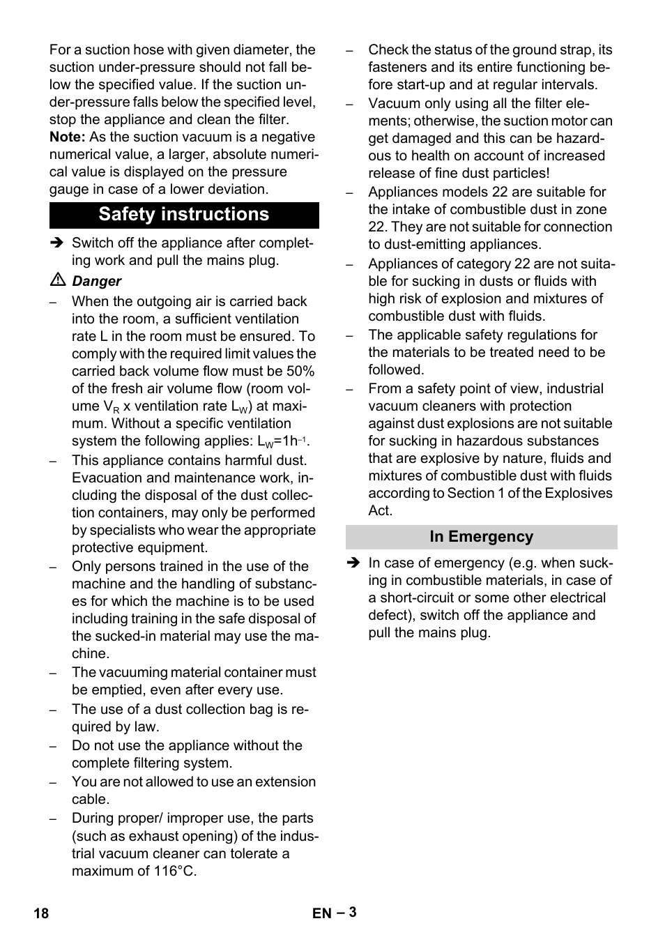 Safety instructions, In emergency | Karcher IV 100 - 40 M B1 User Manual | Page 18 / 352