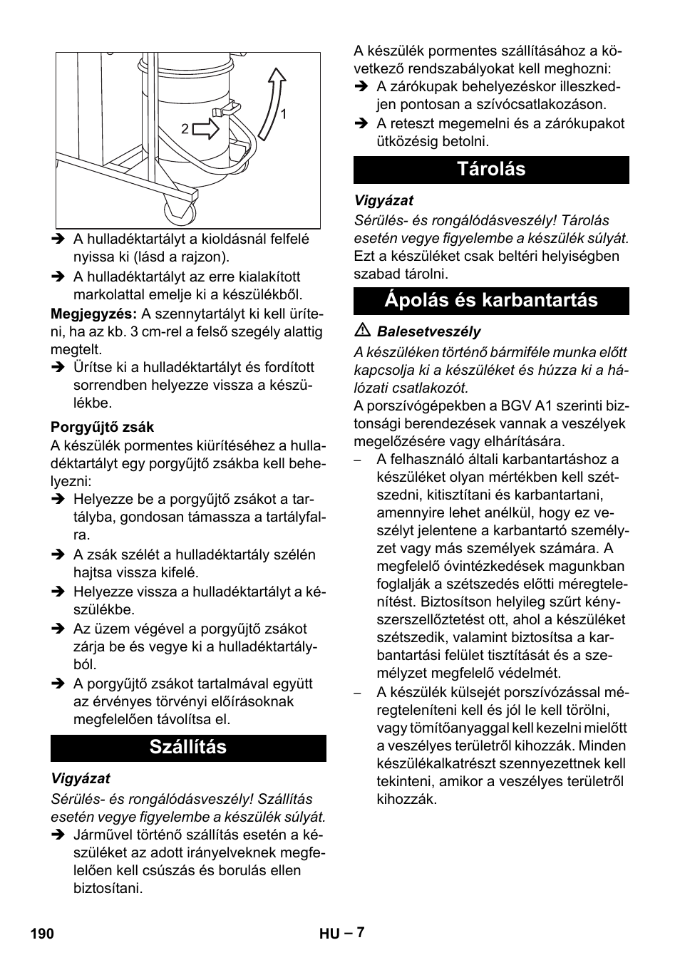 Porgyűjtő zsák, Szállítás, Tárolás | Ápolás és karbantartás, Szállítás tárolás ápolás és karbantartás | Karcher IV 100 - 40 M B1 User Manual | Page 190 / 352