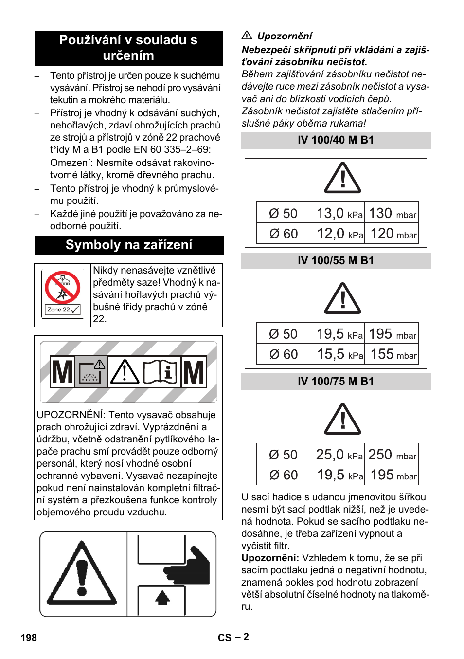 Používání v souladu s určením, Symboly na zařízení, Iv 100/40 m b1 | Iv 100/55 m b1, Iv 100/75 m b1 | Karcher IV 100 - 40 M B1 User Manual | Page 198 / 352
