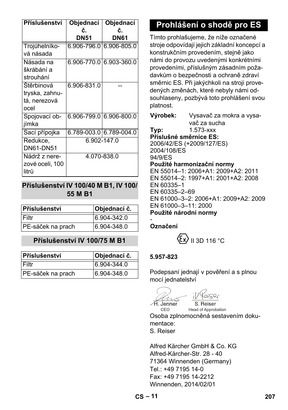 Příslušenství iv 100/40 m b1, iv 100/ 55 m b1, Příslušenství iv 100/75 m b1, Prohlášení o shodě pro es | Karcher IV 100 - 40 M B1 User Manual | Page 207 / 352