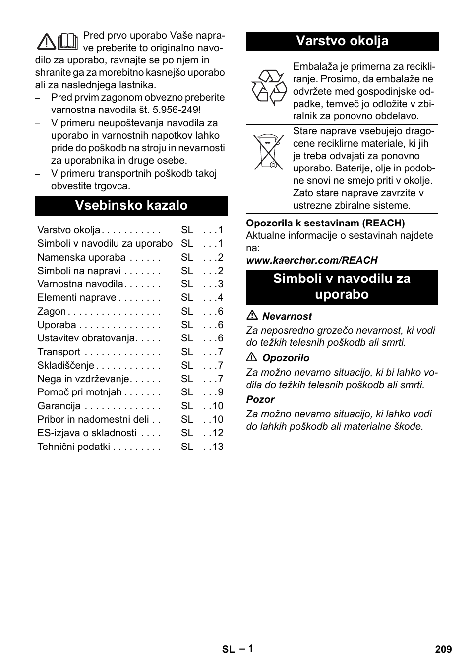 Slovenščina, Vsebinsko kazalo, Varstvo okolja | Simboli v navodilu za uporabo | Karcher IV 100 - 40 M B1 User Manual | Page 209 / 352
