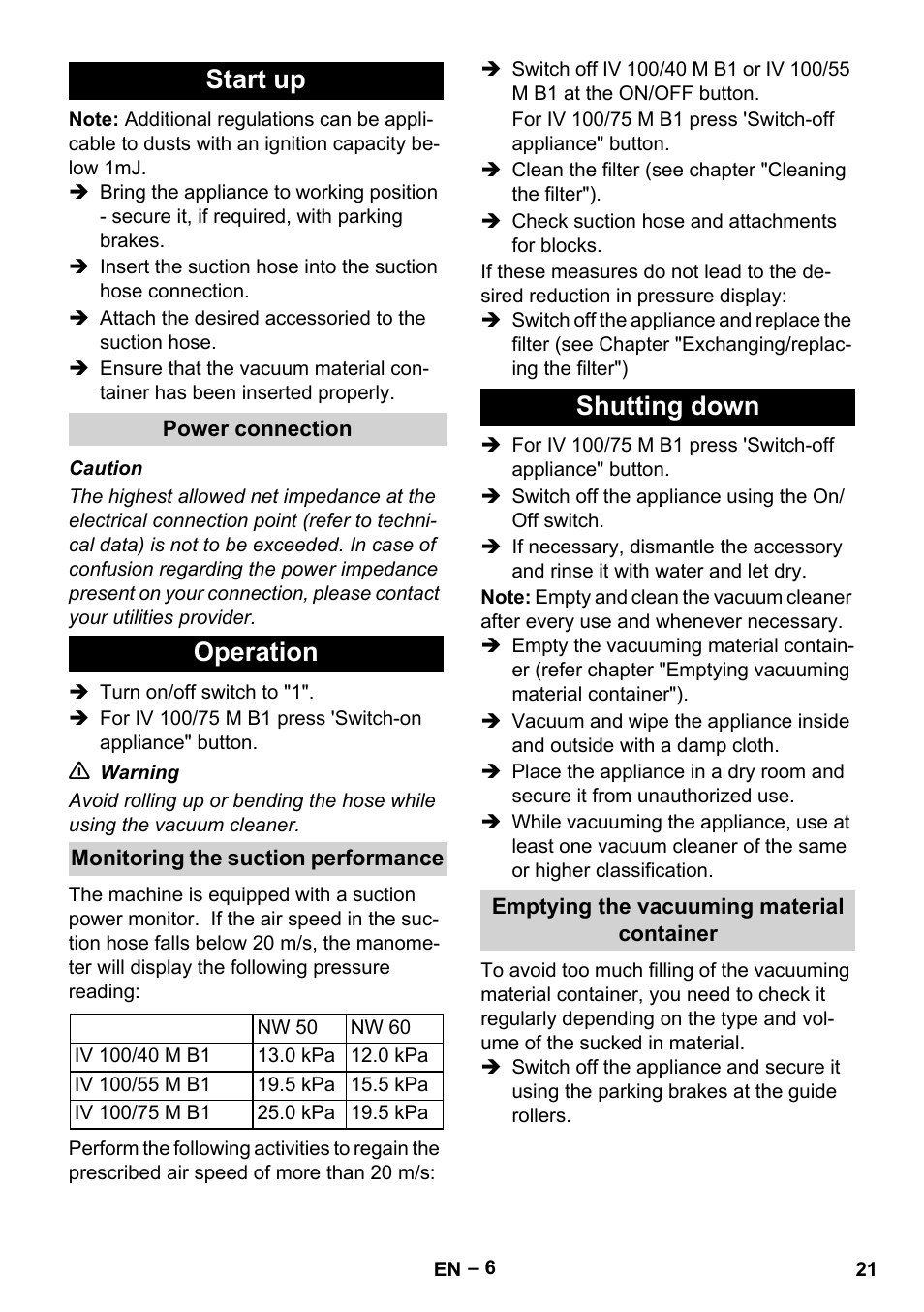 Start up, Power connection, Operation | Monitoring the suction performance, Shutting down, Emptying the vacuuming material container | Karcher IV 100 - 40 M B1 User Manual | Page 21 / 352