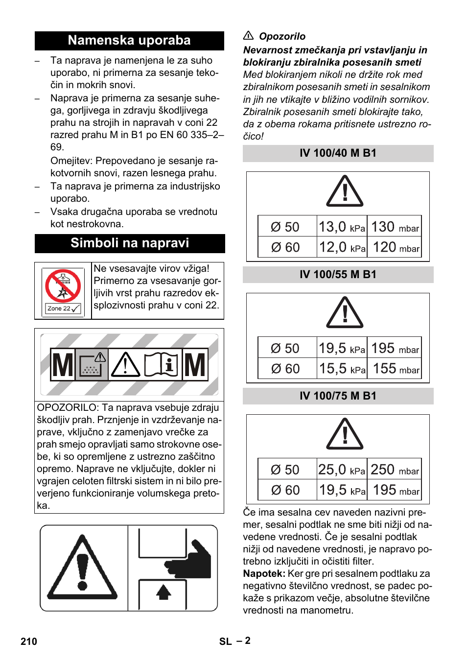 Namenska uporaba, Simboli na napravi, Iv 100/40 m b1 | Iv 100/55 m b1, Iv 100/75 m b1 | Karcher IV 100 - 40 M B1 User Manual | Page 210 / 352