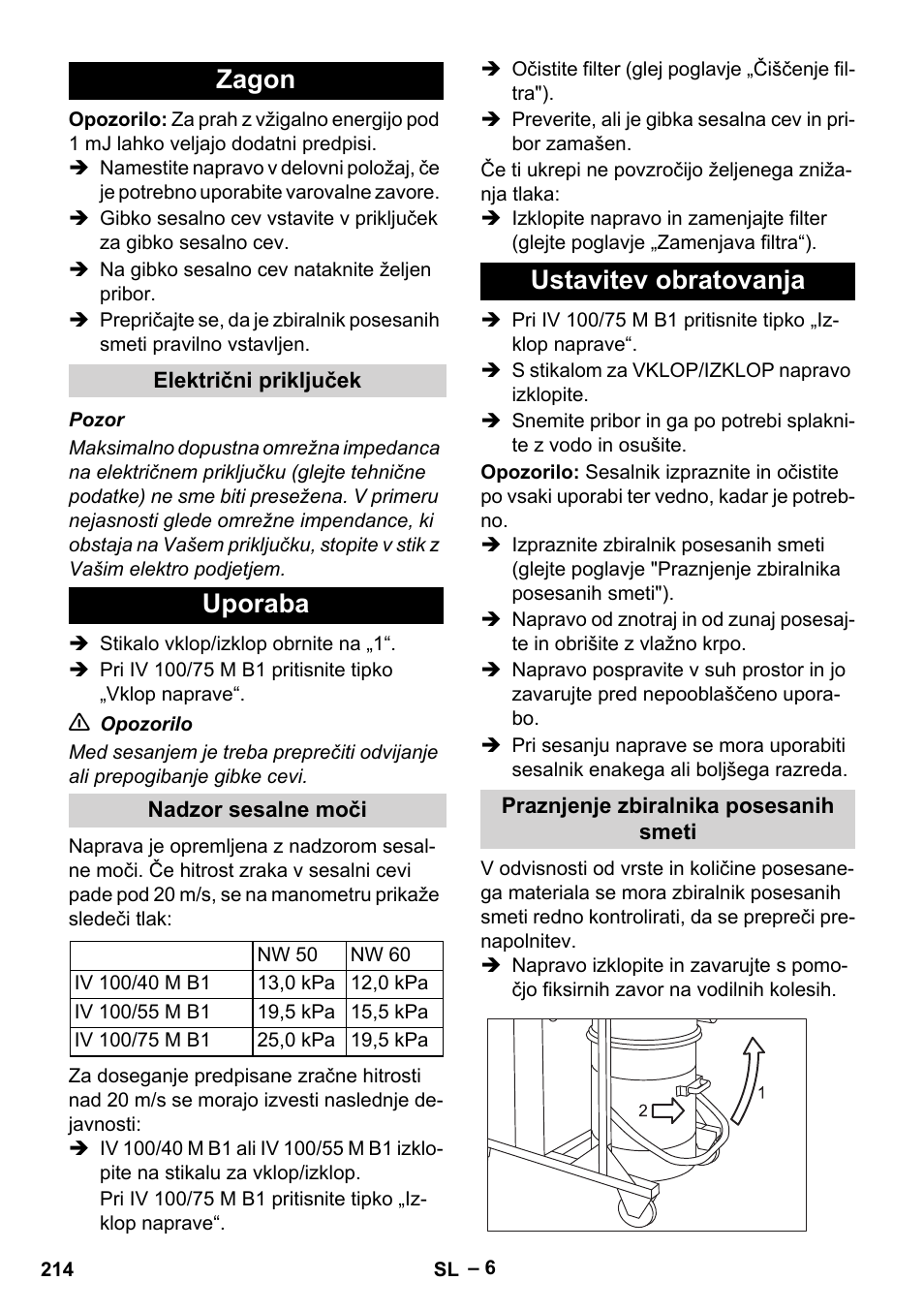 Zagon, Električni priključek, Uporaba | Nadzor sesalne moči, Ustavitev obratovanja, Praznjenje zbiralnika posesanih smeti | Karcher IV 100 - 40 M B1 User Manual | Page 214 / 352