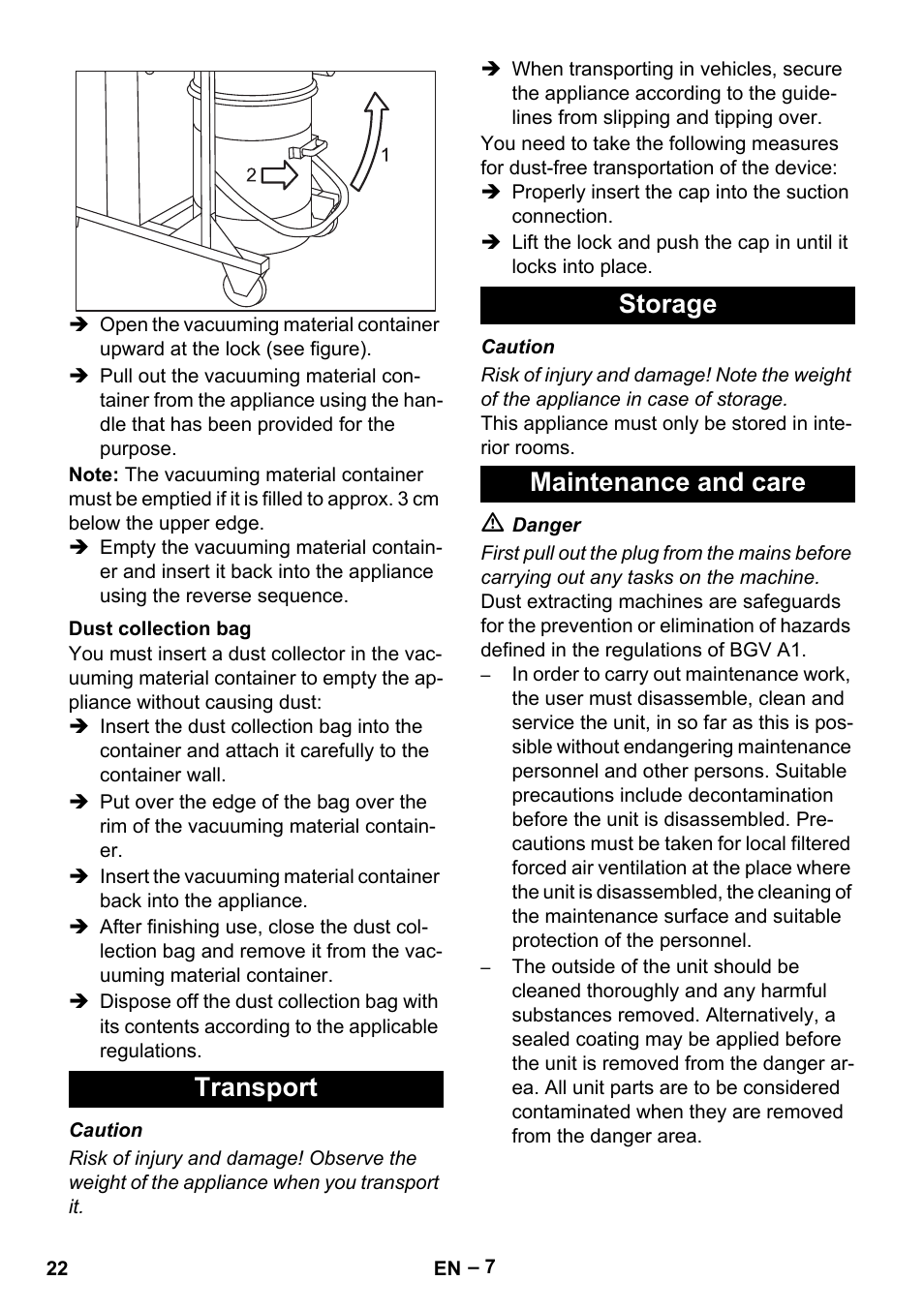 Dust collection bag, Transport, Storage | Maintenance and care, Transport storage maintenance and care | Karcher IV 100 - 40 M B1 User Manual | Page 22 / 352