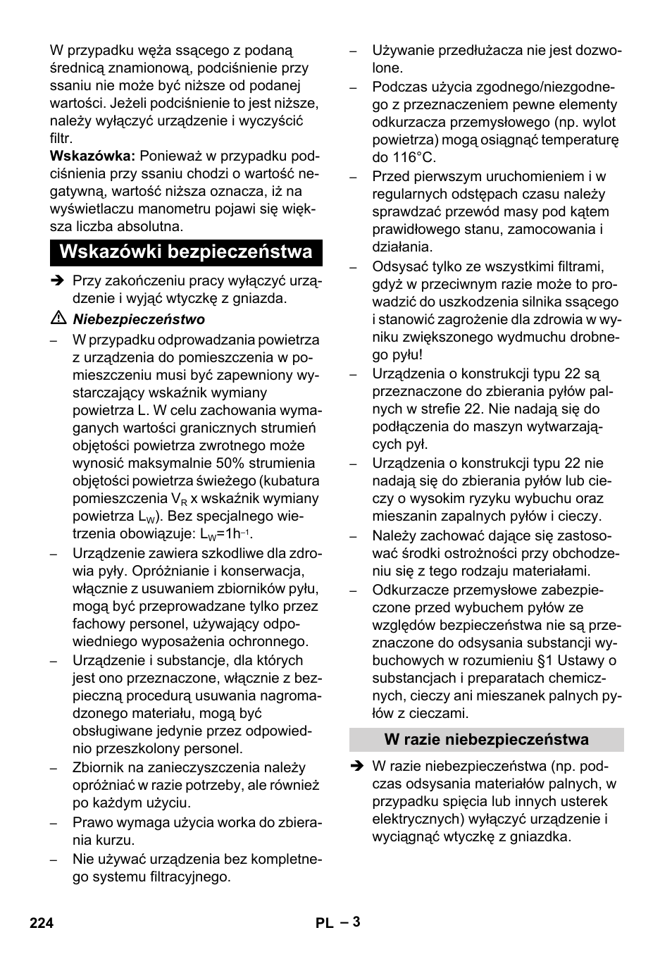Wskazówki bezpieczeństwa, W razie niebezpieczeństwa | Karcher IV 100 - 40 M B1 User Manual | Page 224 / 352