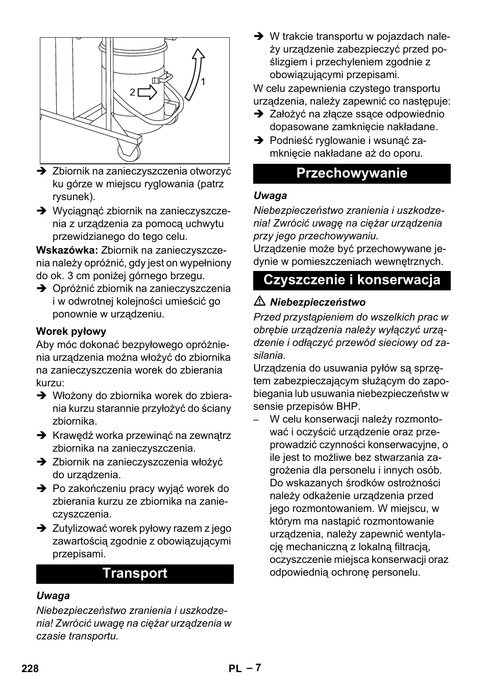 Worek pyłowy, Transport, Przechowywanie | Czyszczenie i konserwacja, Transport przechowywanie czyszczenie i konserwacja | Karcher IV 100 - 40 M B1 User Manual | Page 228 / 352