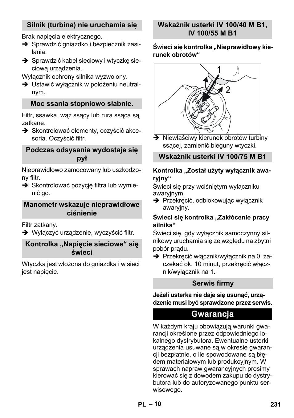 Silnik (turbina) nie uruchamia się, Moc ssania stopniowo słabnie, Podczas odsysania wydostaje się pył | Manometr wskazuje nieprawidłowe ciśnienie, Kontrolka „napięcie sieciowe“ się świeci, Wskaźnik usterki iv 100/40 m b1, iv 100/55 m b1, Wskaźnik usterki iv 100/75 m b1, Kontrolka „został użyty wyłącznik awaryjny, Świeci się kontrolka „zakłócenie pracy silnika, Serwis firmy | Karcher IV 100 - 40 M B1 User Manual | Page 231 / 352