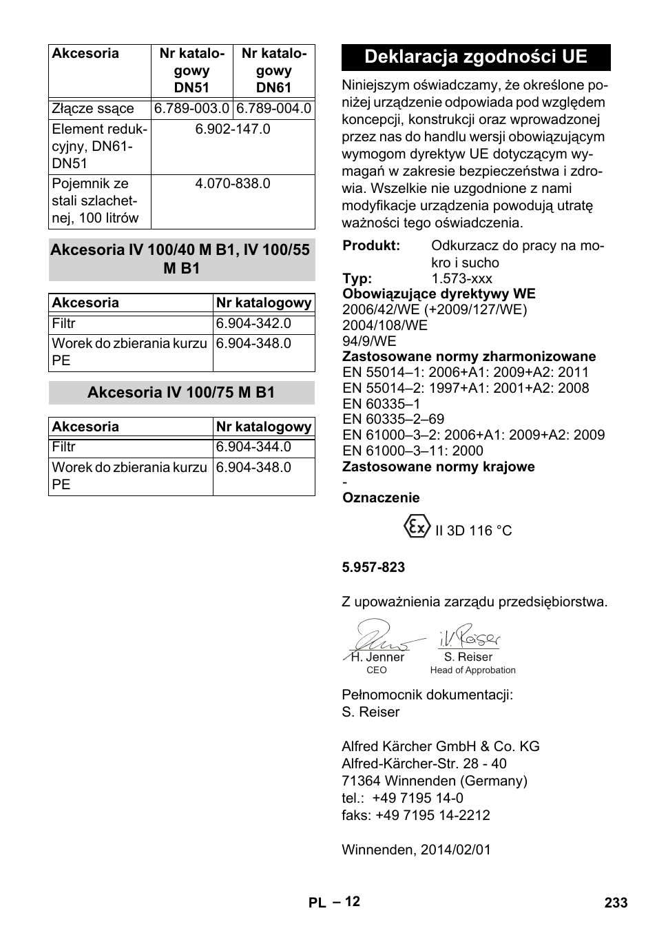 Akcesoria iv 100/40 m b1, iv 100/55 m b1, Akcesoria iv 100/75 m b1, Deklaracja zgodności ue | Karcher IV 100 - 40 M B1 User Manual | Page 233 / 352