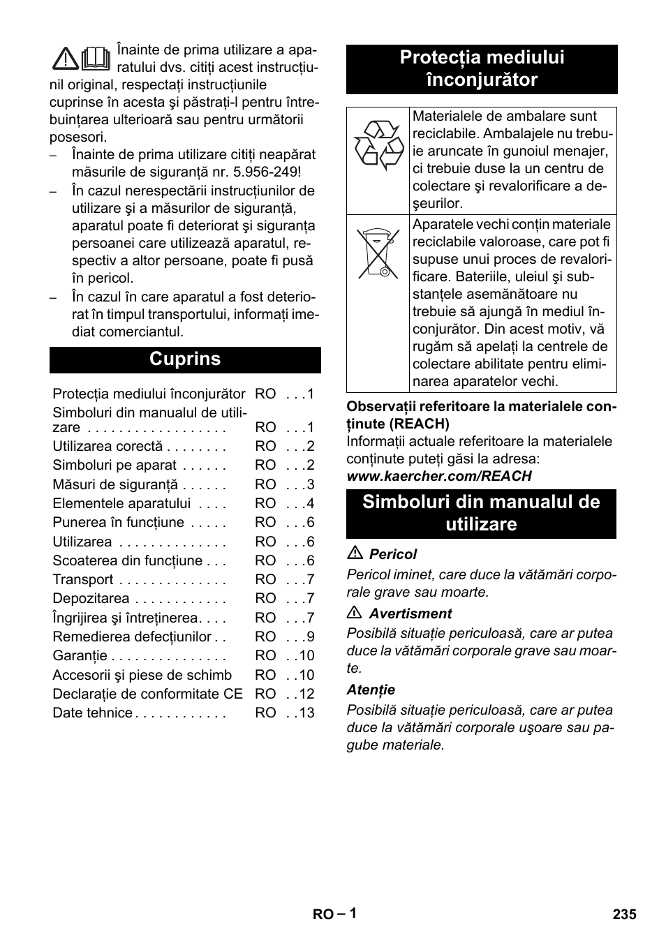 Româneşte, Cuprins, Protecţia mediului înconjurător | Simboluri din manualul de utilizare | Karcher IV 100 - 40 M B1 User Manual | Page 235 / 352