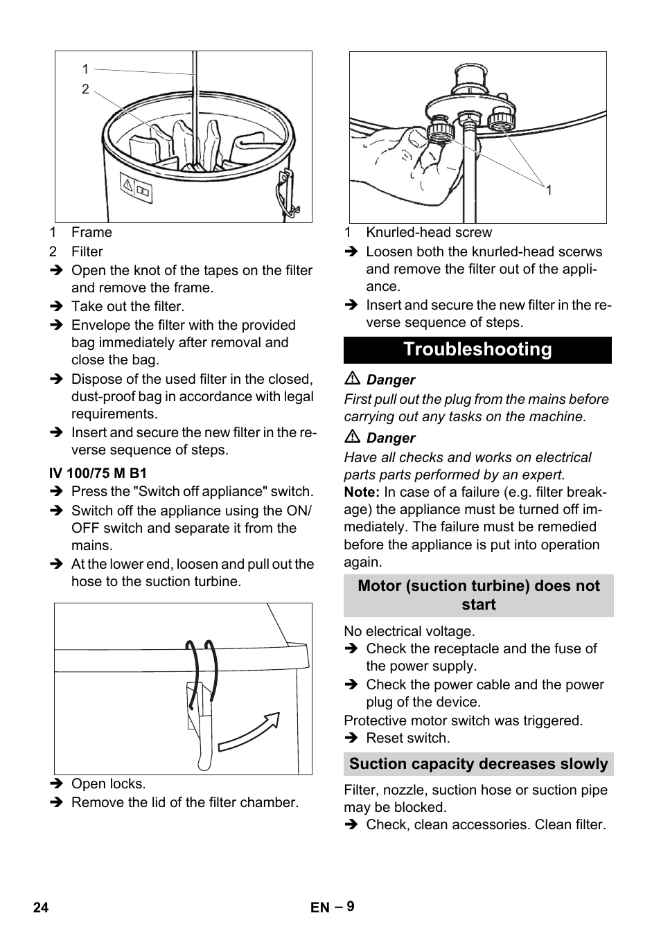 Iv 100/75 m b1, Troubleshooting, Motor (suction turbine) does not start | Suction capacity decreases slowly | Karcher IV 100 - 40 M B1 User Manual | Page 24 / 352