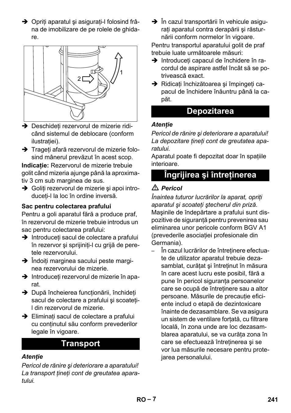 Sac pentru colectarea prafului, Transport, Depozitarea | Îngrijirea şi întreţinerea, Transport depozitarea îngrijirea şi întreţinerea | Karcher IV 100 - 40 M B1 User Manual | Page 241 / 352