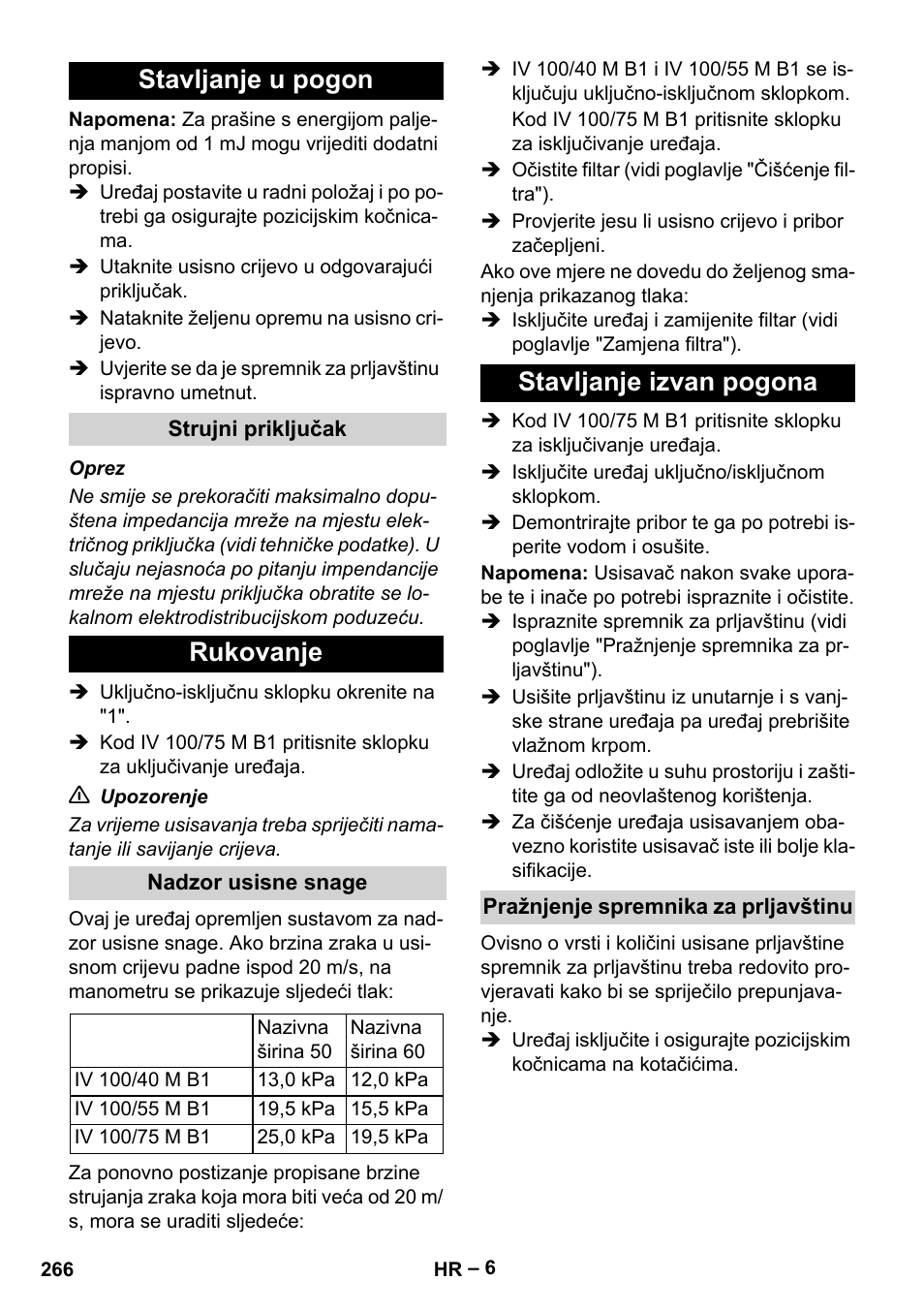 Stavljanje u pogon, Strujni priključak, Rukovanje | Nadzor usisne snage, Stavljanje izvan pogona, Pražnjenje spremnika za prljavštinu | Karcher IV 100 - 40 M B1 User Manual | Page 266 / 352