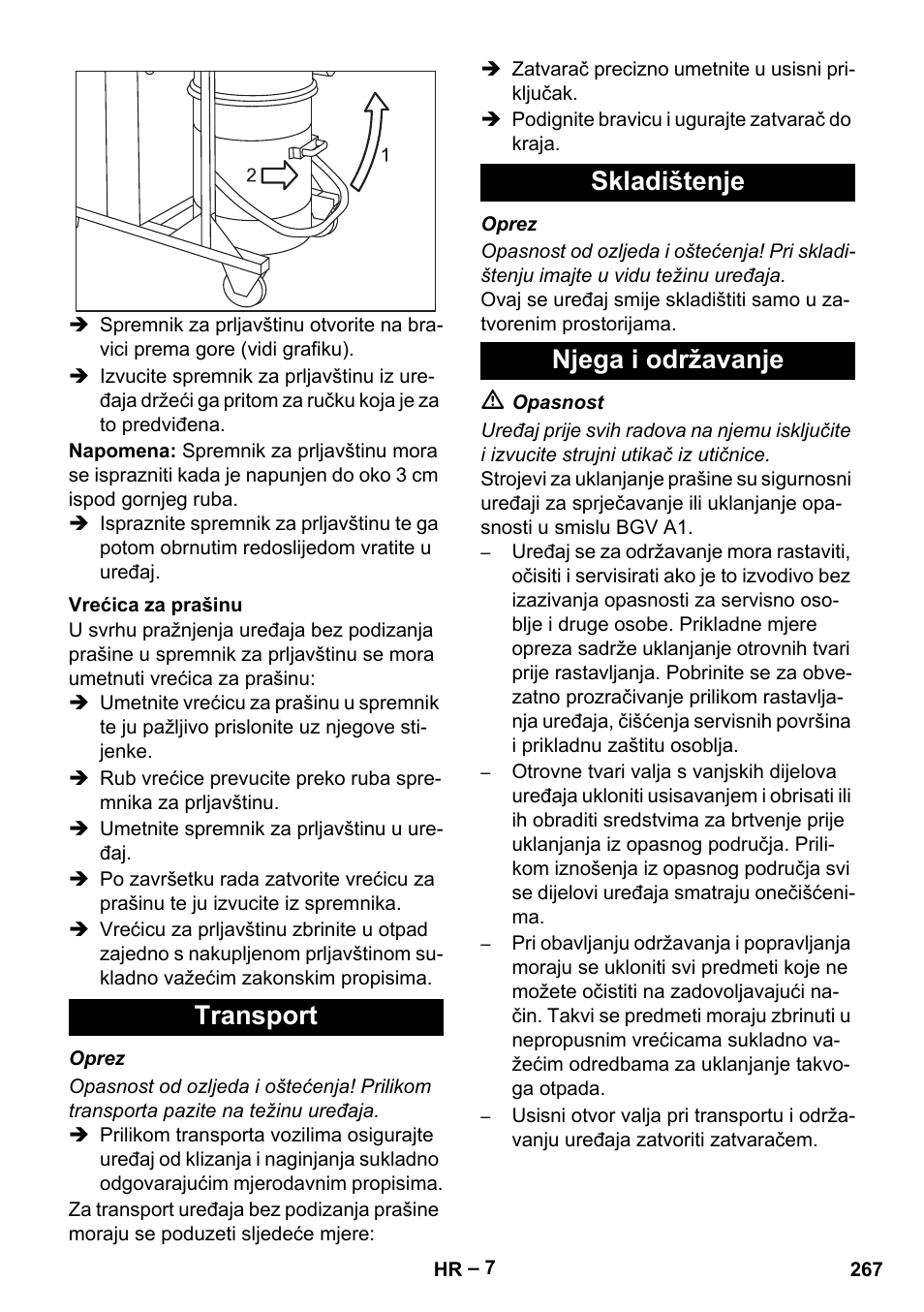 Vrećica za prašinu, Transport, Skladištenje | Njega i održavanje, Transport skladištenje njega i održavanje | Karcher IV 100 - 40 M B1 User Manual | Page 267 / 352
