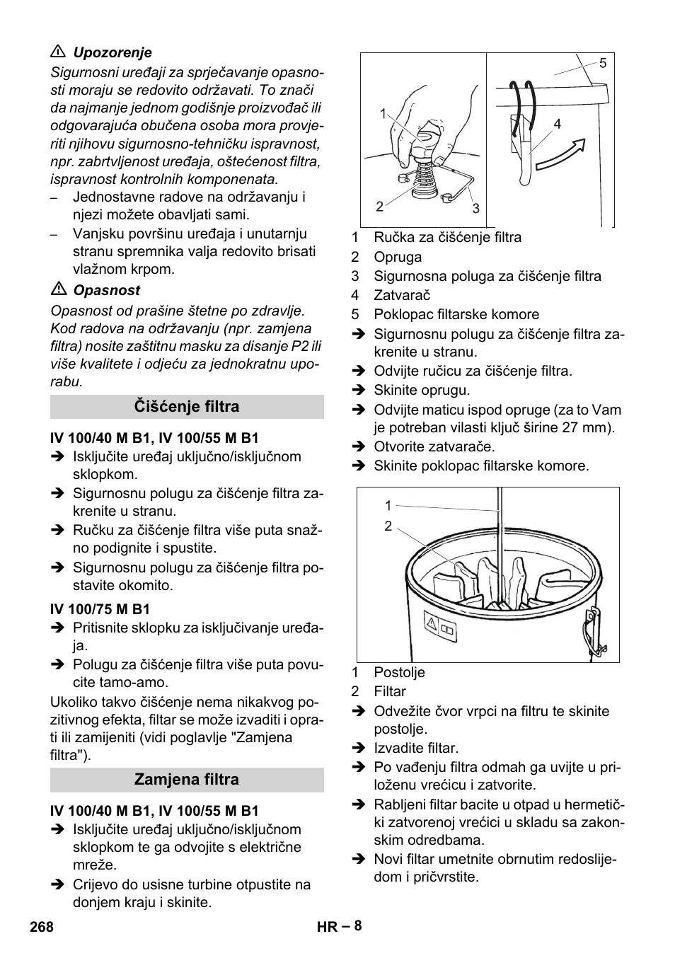Čišćenje filtra, Iv 100/40 m b1, iv 100/55 m b1, Iv 100/75 m b1 | Zamjena filtra | Karcher IV 100 - 40 M B1 User Manual | Page 268 / 352