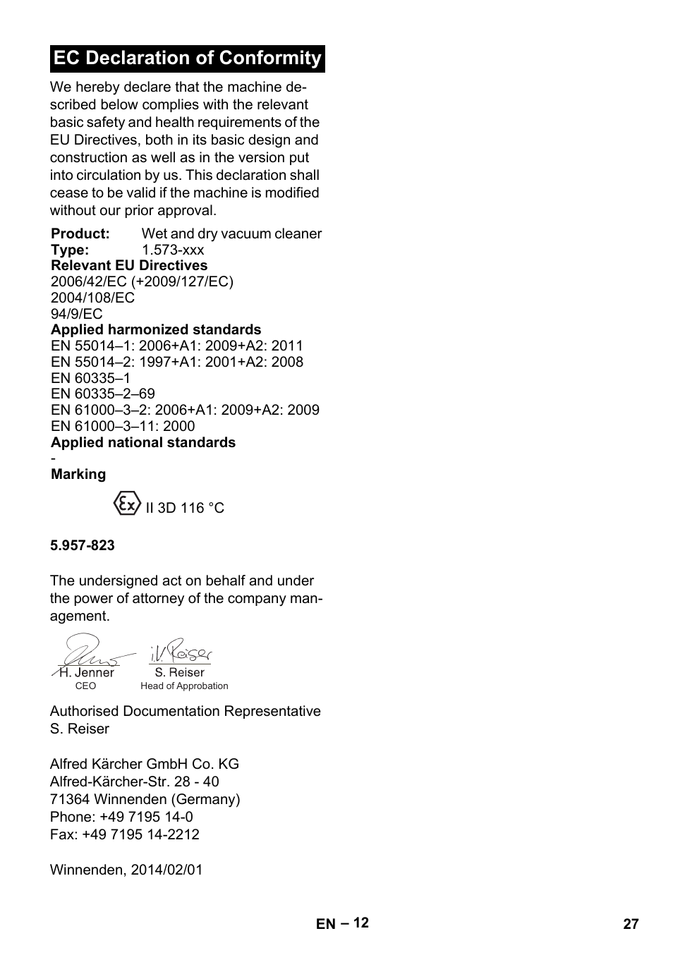 Ec declaration of conformity | Karcher IV 100 - 40 M B1 User Manual | Page 27 / 352