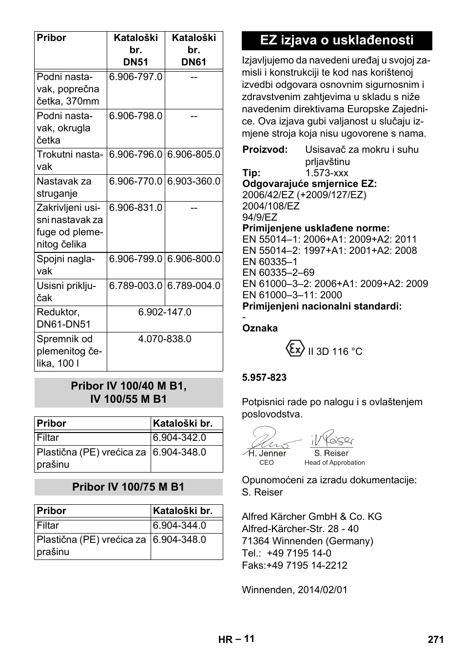 Pribor iv 100/40 m b1, iv 100/55 m b1, Pribor iv 100/75 m b1, Ez izjava o usklađenosti | Karcher IV 100 - 40 M B1 User Manual | Page 271 / 352