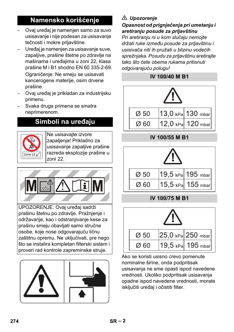 Namensko korišćenje, Simboli na uređaju, Iv 100/40 m b1 | Iv 100/55 m b1, Iv 100/75 m b1 | Karcher IV 100 - 40 M B1 User Manual | Page 274 / 352