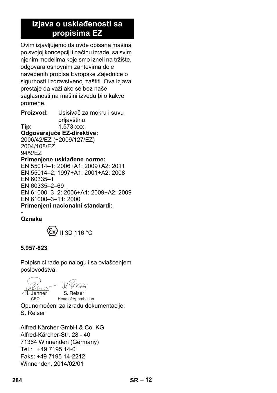 Izjava o usklađenosti sa propisima ez | Karcher IV 100 - 40 M B1 User Manual | Page 284 / 352