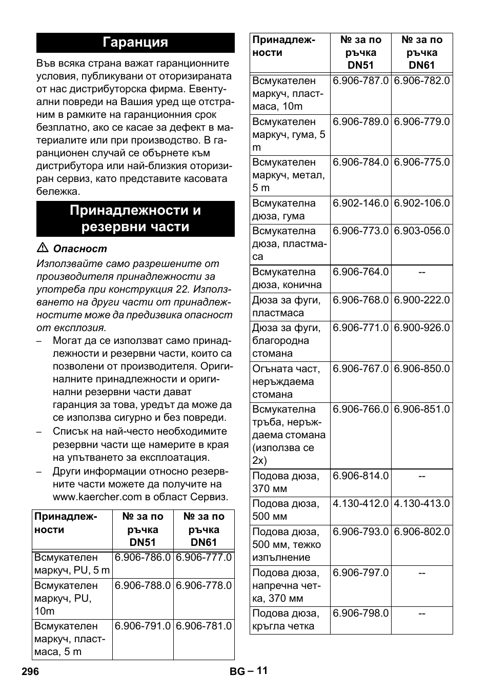 Гаранция, Принадлежности и резервни части, Гаранция принадлежности и резервни части | Karcher IV 100 - 40 M B1 User Manual | Page 296 / 352
