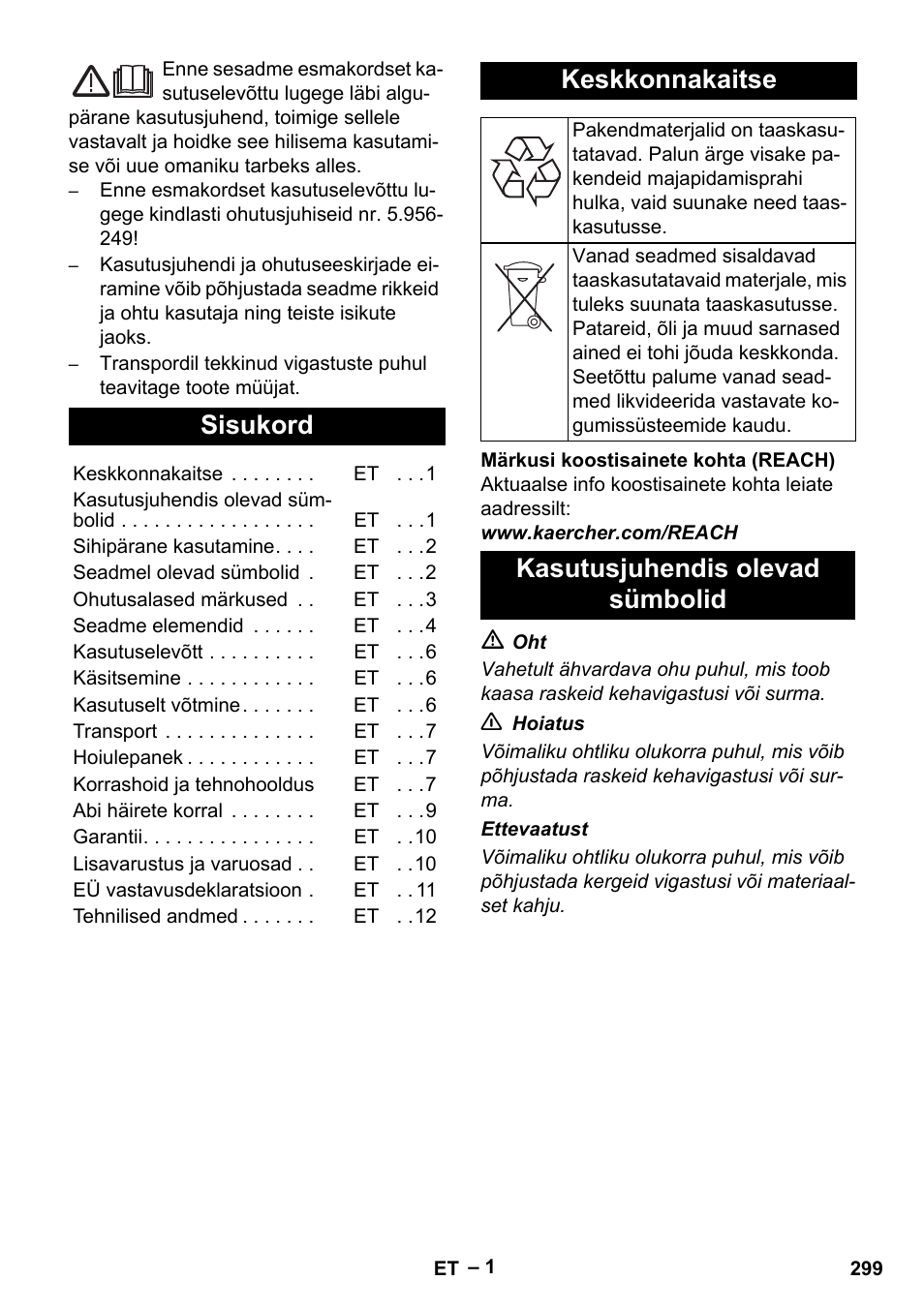 Eesti, Sisukord, Keskkonnakaitse | Kasutusjuhendis olevad sümbolid | Karcher IV 100 - 40 M B1 User Manual | Page 299 / 352