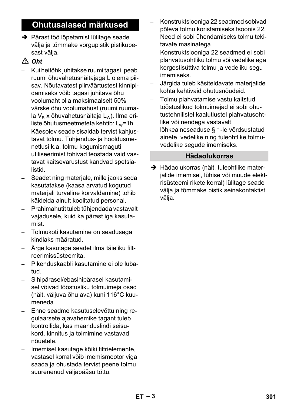 Ohutusalased märkused, Hädaolukorras | Karcher IV 100 - 40 M B1 User Manual | Page 301 / 352