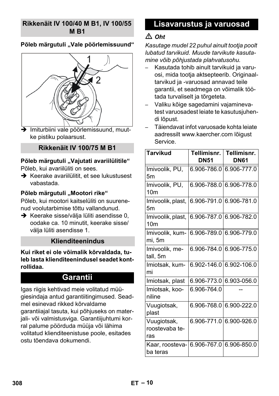 Rikkenäit iv 100/40 m b1, iv 100/55 m b1, Põleb märgutuli „vale pöörlemissuund, Rikkenäit iv 100/75 m b1 | Põleb märgutuli „vajutati avariilülitile, Põleb märgutuli „mootori rike, Klienditeenindus, Garantii, Lisavarustus ja varuosad, Garantii lisavarustus ja varuosad | Karcher IV 100 - 40 M B1 User Manual | Page 308 / 352