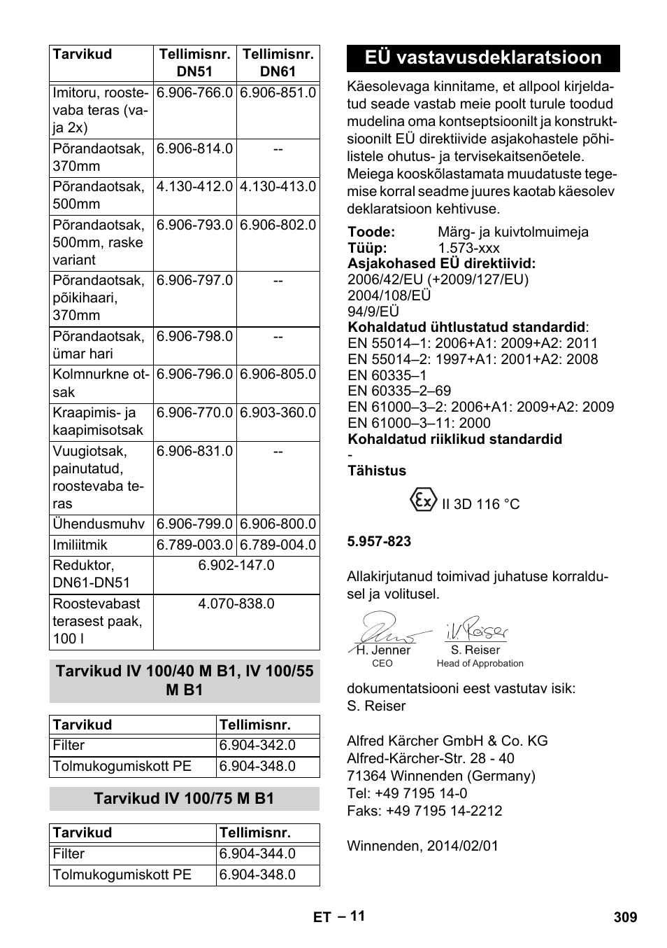 Tarvikud iv 100/40 m b1, iv 100/55 m b1, Tarvikud iv 100/75 m b1, Eü vastavusdeklaratsioon | Karcher IV 100 - 40 M B1 User Manual | Page 309 / 352