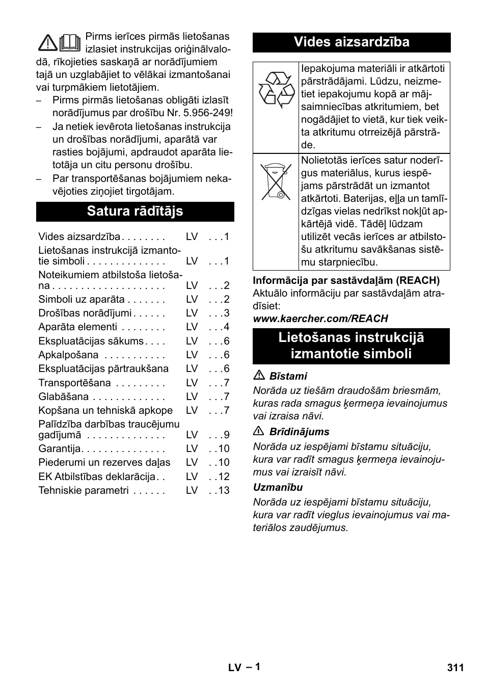 Latviešu, Satura rādītājs, Vides aizsardzība | Lietošanas instrukcijā izmantotie simboli | Karcher IV 100 - 40 M B1 User Manual | Page 311 / 352